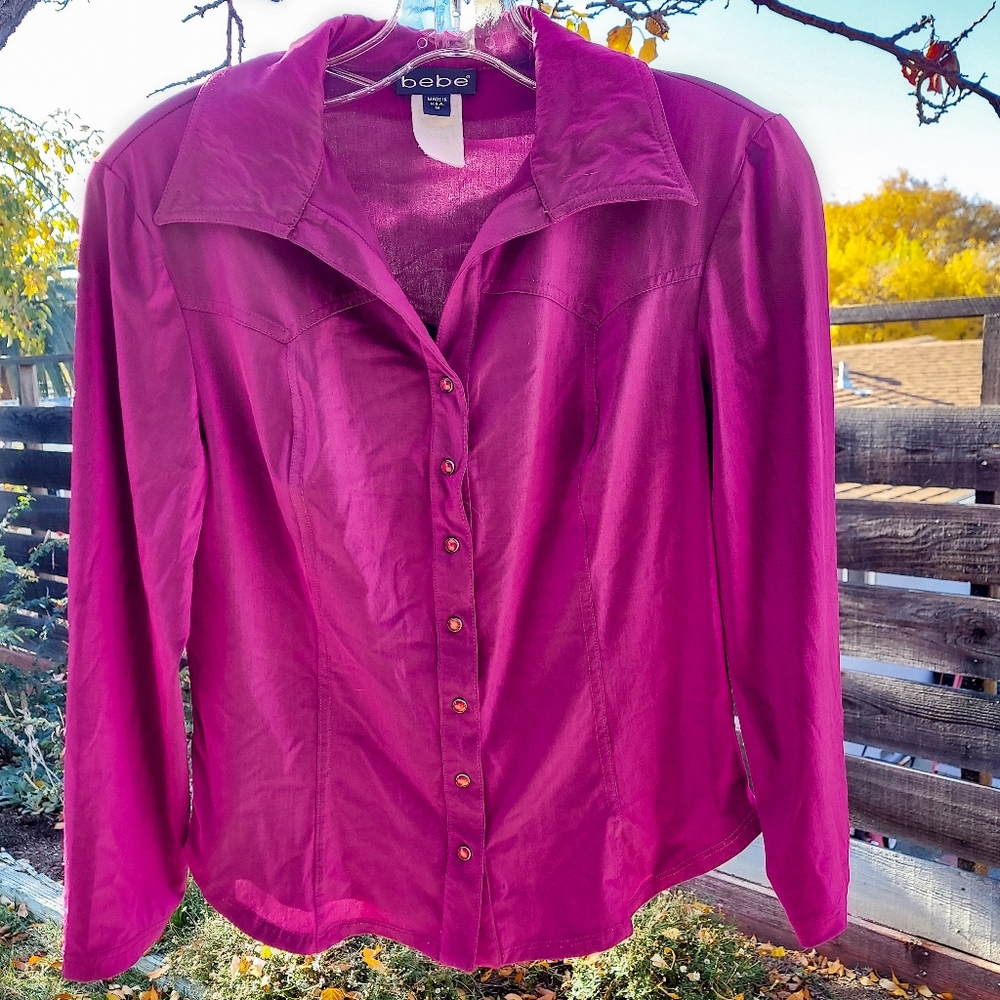 Vintage Bebe Y2K Purple Fuchsia Metallic Shimmer Snap Front Long Sleeve Top